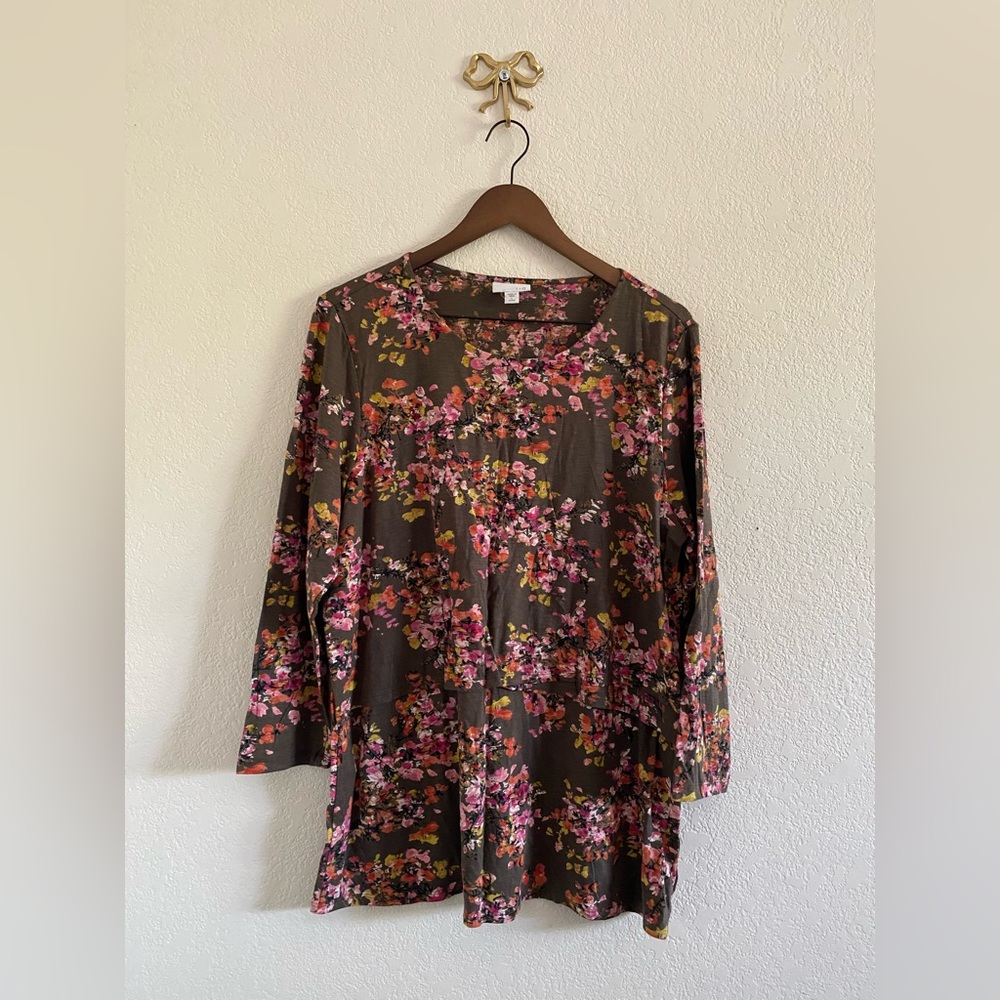 J. JILL Petite Large Tunic Top Brown Floral Layered Shirt Mocha Blossom